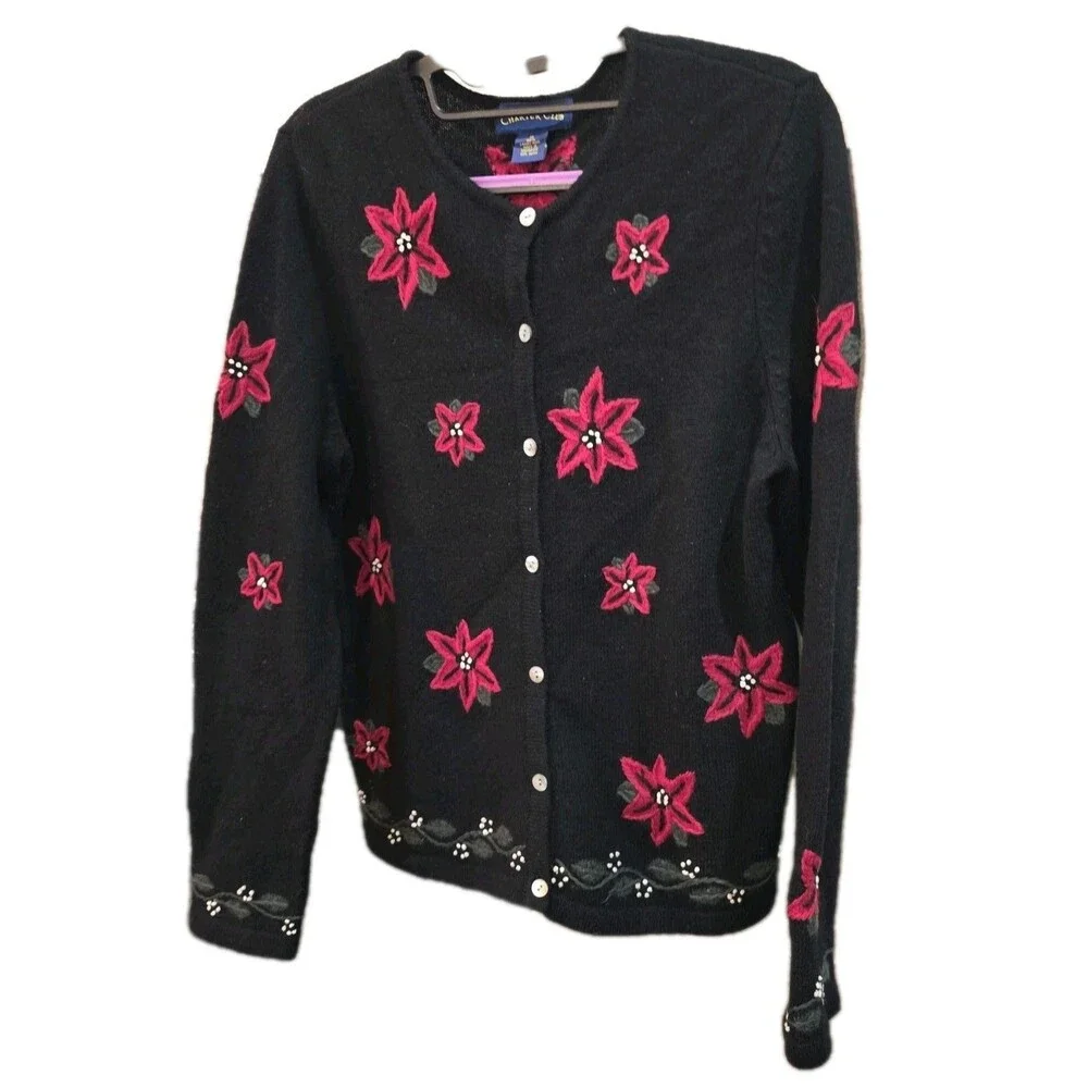 CHARTER CLUB Sz M Vtg 100% Wool Poinsettia Beaded Blk Button Christmas Sweater